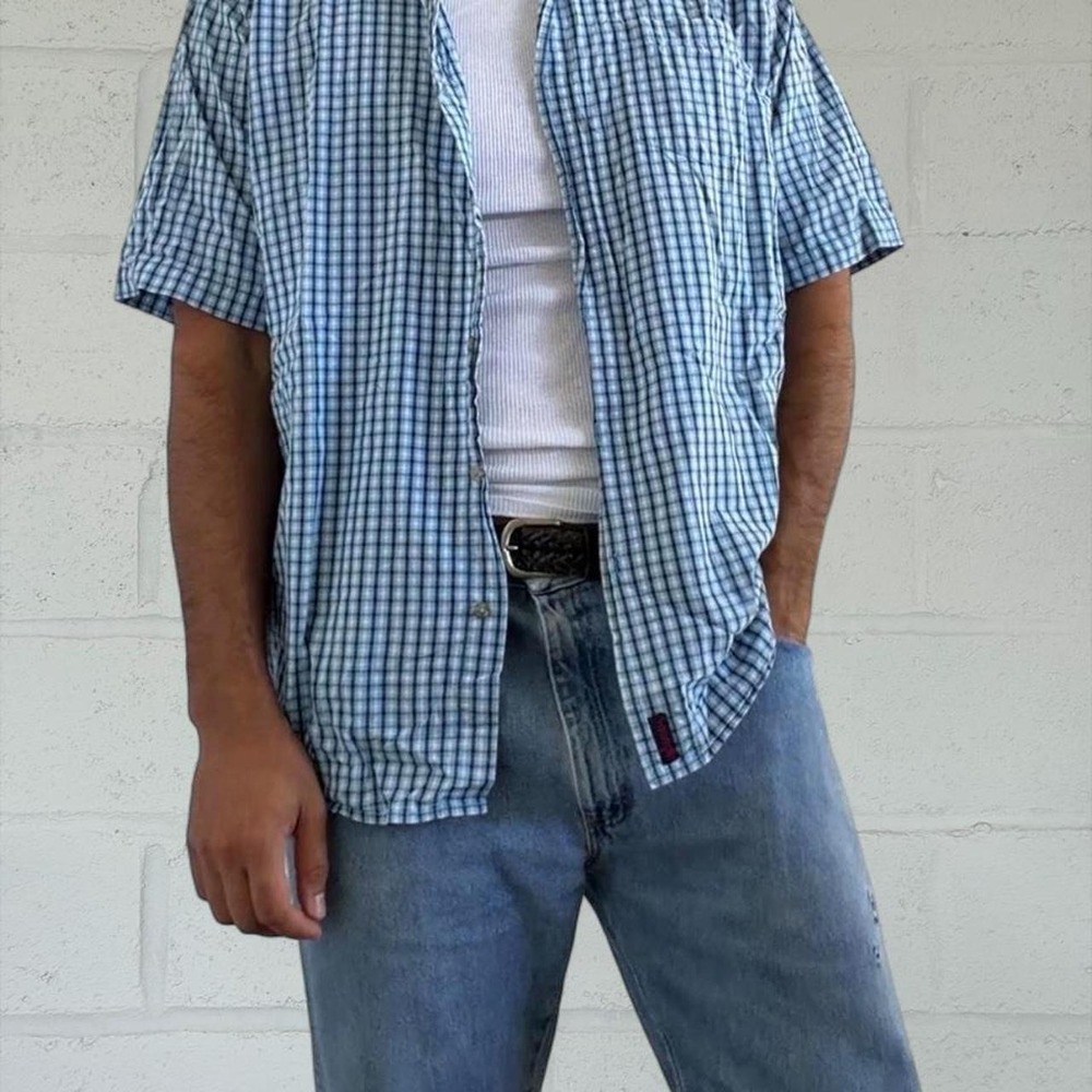 Wrangler Mens Blue White Checkered Short Sleeve Button Up Shirt Preppy
